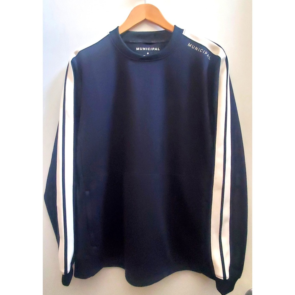 MUNICIPAL Sweatshirt Crew S Black Ivory Stripe Sleeve Logo Side Zip Pockets NWOT
